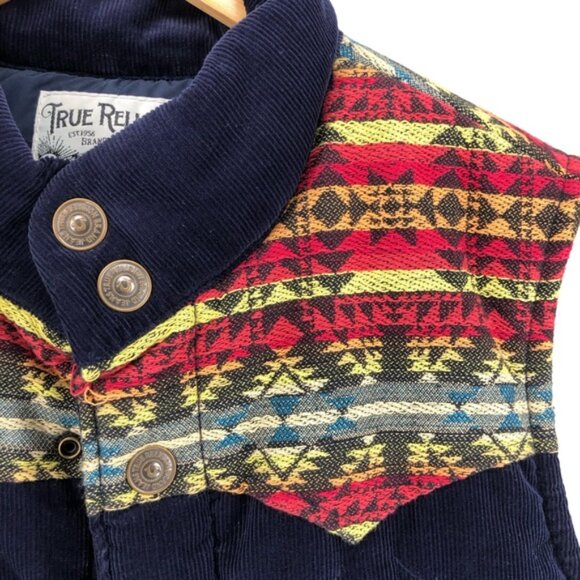 True Religion Men’s Navy Serape Corduroy Snap Button Puffer Vest - Picture 5 of 14
